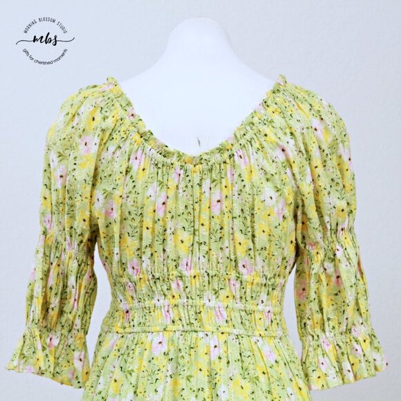 Rahi Milly Smock Floral Scoop Neck Mini Dress Green Yellow Women M - Picture 10 of 15
